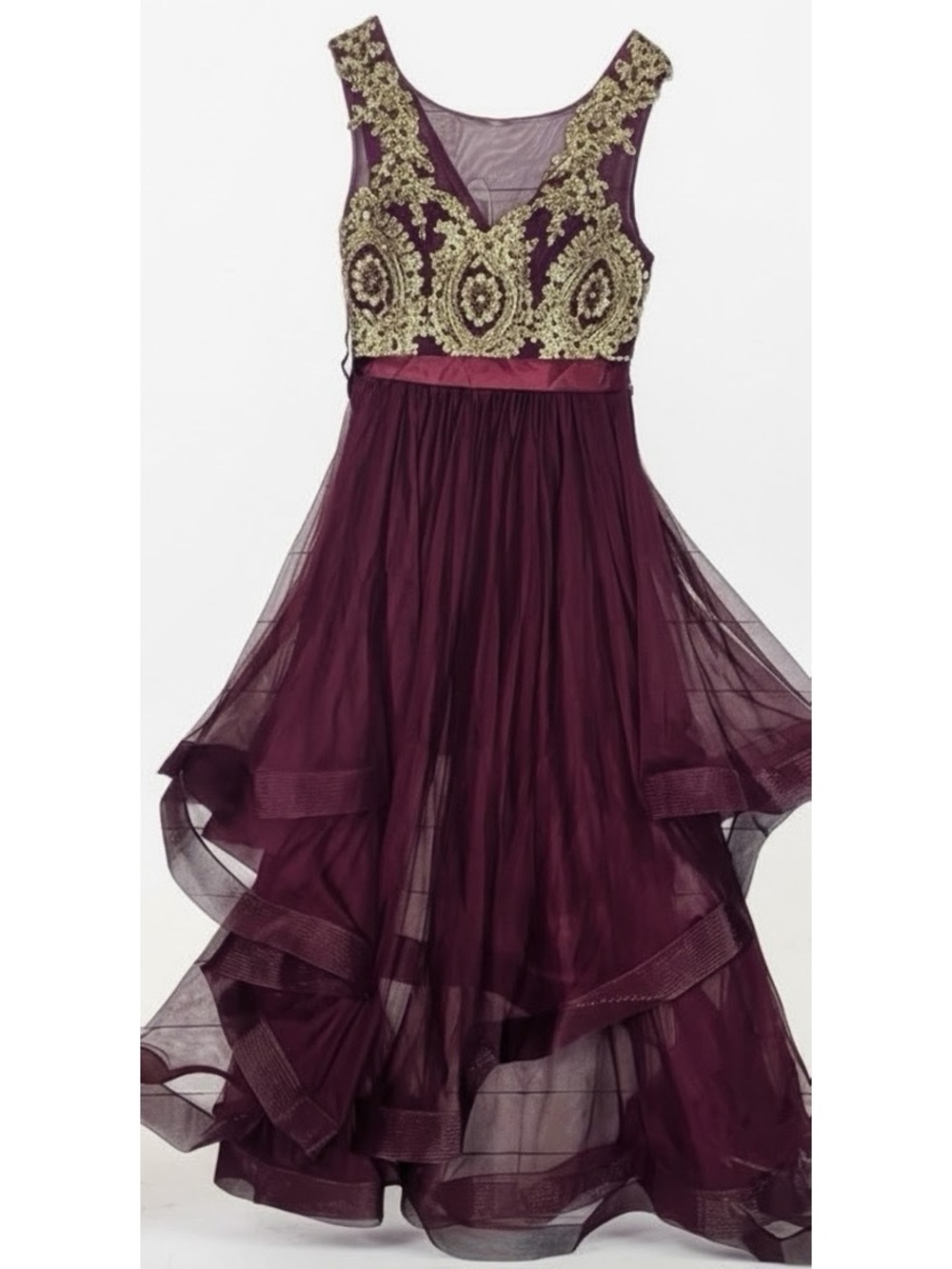👗 Stunning City Triangles Burgundy & Gold Cascading Tulle Formal Dress – Size 1